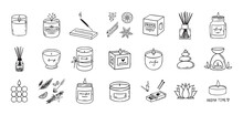 Hand drawn doodle candles set . Outline aroma collection. Burning aroma candles, Various Candles. Pillar, square and container candle. Decorative wax spice candles for relax and spa.