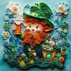 Poster - Enchanting scene of a smiling leprechaun raising a beer mug beside a pot of gold and playful shamrocks illustrated in a colorful quilling paper cut style for a festive St Patrick's Day vibe