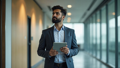 Sticker - Confident Indian business man leader looking aside walking in office. Busy professional businessman going in hallway holding digital tablet thinking of work plan using tab computer. Authentic photo.