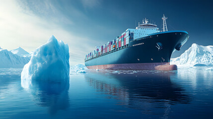 A large cargo ship sails near a massive iceberg in cold Arctic waters, showcasing the dangers of maritime navigation in icy environments.