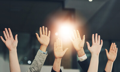 Aufkleber - Palm, hands and group of business people with question for feedback in presentation, workshop and tradeshow. Corporate office, audience and workers raising hand for seminar, meeting and conference