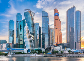 Wall Mural - High buildings of Moscow-City at Moskva River at summer sunset, Russia.