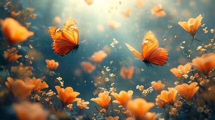 Aufkleber - Ethereal spring scene showcasing a cascade of colorful flowers blending into an abstract backdrop with butterflies gracefully hovering over the blossoms representing the beauty of spring's arrival