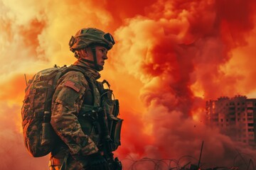 Military explosion with soldiers, helicopters, and fire in a combat zone, showcasing action and conflict in camouflage uniforms