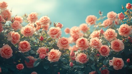 Poster - Exquisite border of blooming roses in full spring glory set against a tranquil blue sky with flowering rose hips artfully arranged for a dreamy effect providing ample space for creative text