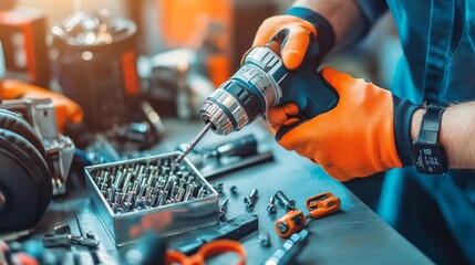 A person using a power drill on a workbench filled with various tools and screws.