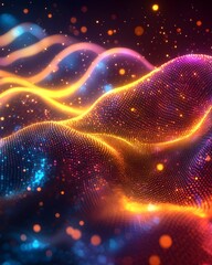 Poster - A mesmerizing abstract wave of colorful lights in vibrant shades of orange, purple, and blue, creating a dynamic and dreamy atmosphere with a sense of depth.