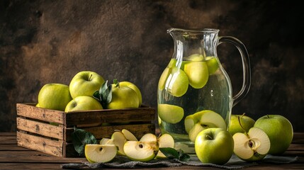 Wall Mural - A pitcher of water with sliced green apples beside a wooden crate of whole apples.