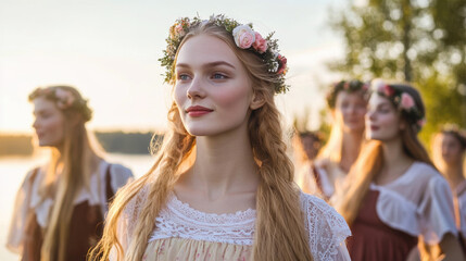 Swedish Midsummer celebration with flower wreaths and traditional dances by a lake