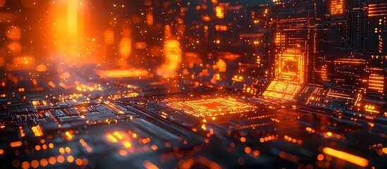Poster - A mesmerizing abstract view of a futuristic circuit board, highlighting glowing orange and blue lights, creating an ethereal digital landscape.