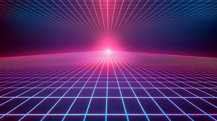 Poster - Neon Grid Background with Converging Perspective Lines and Glowing Futuristic Aesthetic