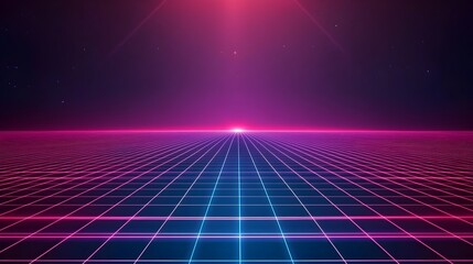 Poster - Glowing Neon Perspective Grid   Futuristic Vibrant Neon Background Concept with Converging Lines