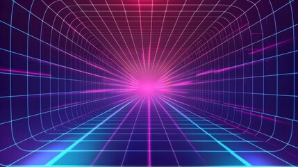Poster - Luminous Neon Grid Background with Converging Perspective Lines Creating Depth and Motion