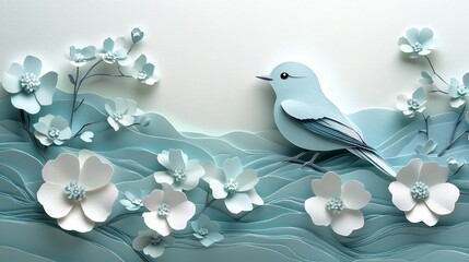 Fototapete - Intricate empty papercut nature icon resting in a beautifully layered paper frame with delicate floral patterns and soft colors creating a serene backdrop that embodies springtime renewal