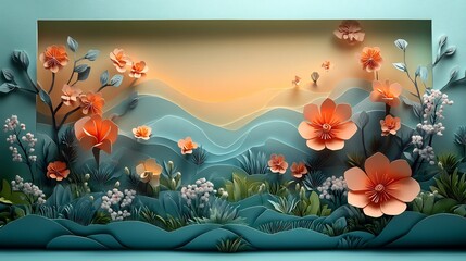 Poster - Intricate empty papercut nature icon resting in a beautifully layered paper frame with delicate floral patterns and soft colors creating a serene backdrop that embodies springtime renewal