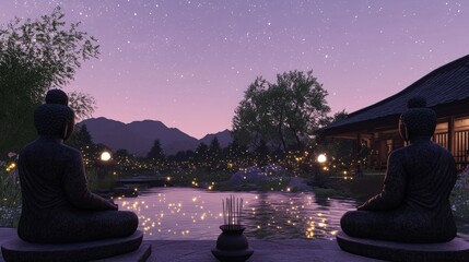 Two Buddha statues sit facing each other by a pond at twilight with a traditional Asian building in the background.