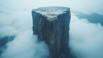 A towering rock formation emerging from clouds.