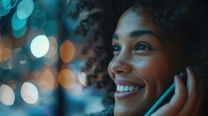 Black woman using a phone for finance and communication in a professional setting, focusing on investment growth and trading opportunities