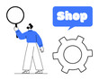 © robu_s - Man holding magnifying glass next to blue shop text in speech bubble and gear symbol. Ideal for business, commerce, search optimization, e-commerce, and shopping themes. Simple and modern style