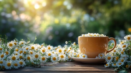 Poster - Inviting wooden table in a blooming garden showcasing a cup brimming with cheerful chamomile flowers embodying the spirit of spring complete with a blank area for your text