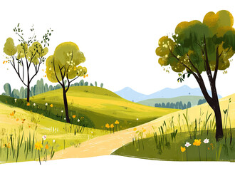 Wall Mural - Countryside landscape with green fields and trees, isolated on transparent cutout background