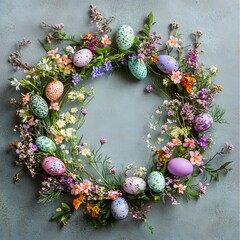 Poster - Artistic flat lay of festive Easter wreath made from an array of spring flowers and Easter eggs creating a natural round frame with a space in the middle for a personalized greeting card