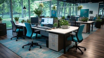 Poster - A well-lit office filled with modern furniture, where a customer service agent is deeply focused on assisting a client