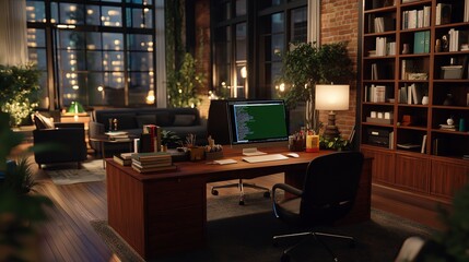 Poster - A well-lit office filled with modern furniture, where a customer service agent is deeply focused on assisting a client