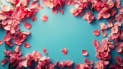 Poster - Beautiful spring nature arrangement of petals blossoms framing the edges of a turquoise pink background top view Space for text in the center ideal for springthemed announcements or banners