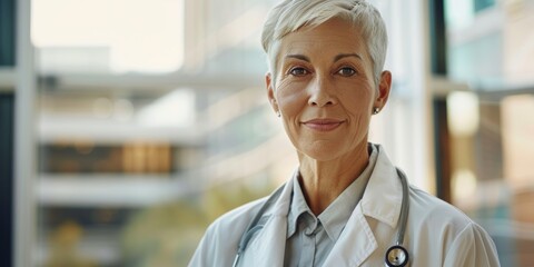 Wall Mural - Portrait of a confident senior woman with a doctor, representing healthcare and wellness, featuring a smiling medical professional in uniform with a stethoscope