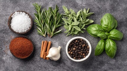 Poster - An assortment of herbs, spices, and seasonings arranged on a textured surface.