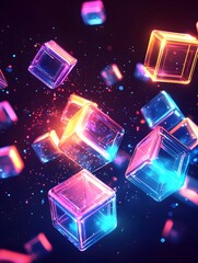 Sticker - Glowing Neon Cubes Floating in Abstract 3D Space with Vibrant Lighting