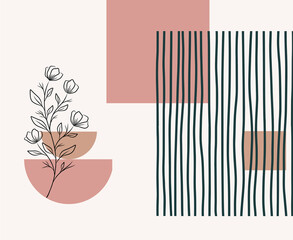 Abstract seamless minimalist design with  lines, shapes and flowers in burgundy and black with a white background