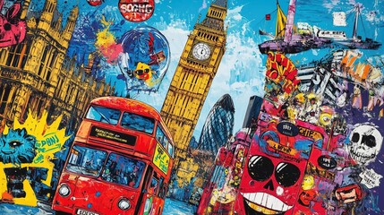  Graffiti Pop Art of London Big Ben and Double-Decker Bus