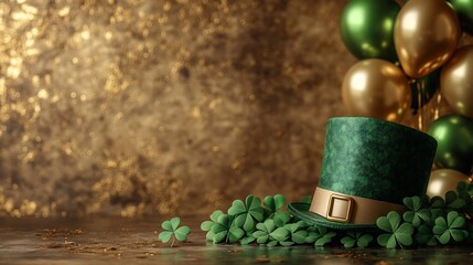 Poster - Bright cheerful composition with an empty paper banner flanked by decorative shamrocks a classic St Patrick's Day hat and lively balloons floating above a golden background