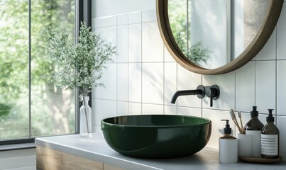 Wall Mural - A green sink with a mirror above it and a vase of flowers on the counter