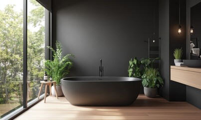 Wall Mural - A black bathtub with a large plant in front of it