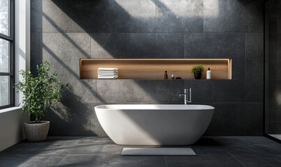 Wall Mural - A bathroom with a large bathtub and a potted plant