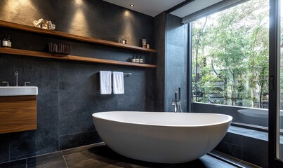 Wall Mural - A large white bathtub sits in a bathroom with a black wall and a window