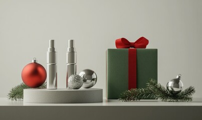 A Christmas gift box with a red ribbon sits on a white shelf next to a silver bo