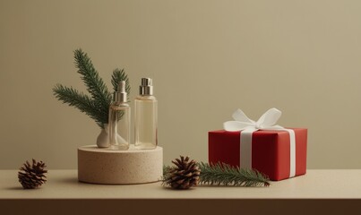 A red box with a white ribbon sits on a table next to two bottles of perfume