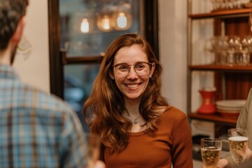 Portrait of a young woman with glasses drinking beer in a pub