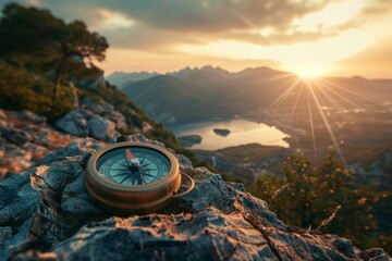 Vintage compass on map with mountain sunset in background