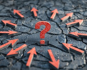 Poster - arrows pointing toward a question mark on a textured business roadmap illustrating strategic challen