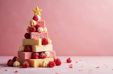 A Christmas tree made of marshmallows is on a tender pink background. Copy space.