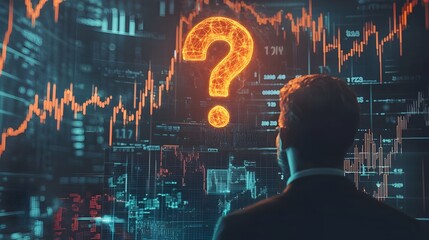 Poster - glowing question mark hovering over businessman s head amid financial charts and data