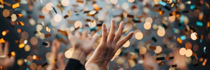 A joyful celebration with hands reaching up amidst falling confetti, capturing the excitement and energy of a festive event or party atmosphere.