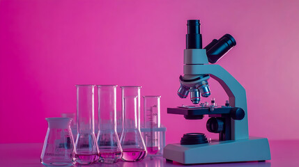 Closeup of a science lab's glassware and microscope on a pink background with copy space.