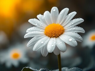 Wall Mural - A white daisy with a yellow center sits in a field of daisies