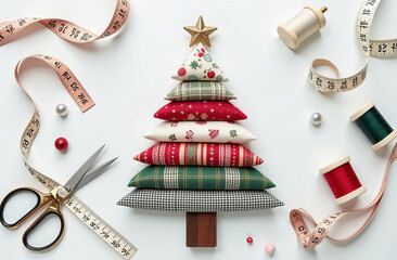 Stitched Christmas tree craft DIY project with decorative supplies on a white background. 